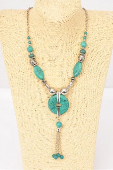 Necklace Antique Silver Chain Real Semiprecious Stones / PC Green Turquoise , Size - 30" Long , Hang tag & Opp Bag & UPC Code