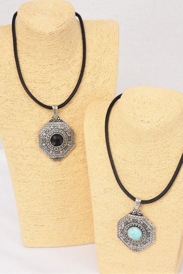Necklace Thick Black Leather Cord W Semiprecious Stone Pendant / PC Pendant Size - 3" x 2" Wide , 20" w Extension Chain , Display Card & OPP Bag & UPC Code , Choose Colors 