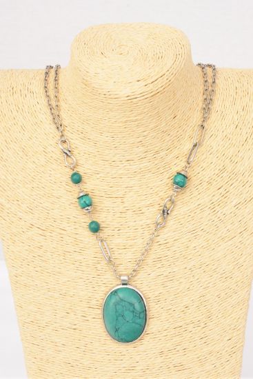 Necklace Fancy Chain Semiprecious Stone Pendant Green Turquoise / 12 pcs = Dozen Green Turquoise , Pendant Size - 1.75" x 1.25" Wide , 30" Long Display Card & OPP Bag & UPC Code 