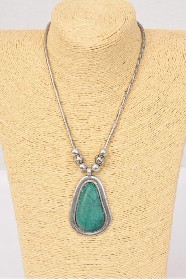 Necklace Thick Snake Chain Semiprecious Stone Pendant Green / PC Green Turquoise , Pendant Size - 2.5" x 1.75 Wide , 18" w Extension Chain , Hang Tag & OPP Bag & UPC Code 