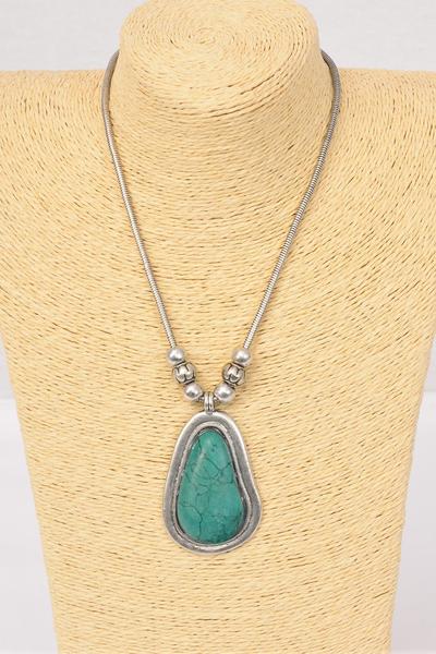 Necklace Thick Snake Chain Pear Shape Semiprecious Stone Pendant / PC Pendant Size - 2.5" x 1.75 Wide , 18" w Extension Chain , Hang Tag & OPP Bag & UPC Code , Choose Colors 