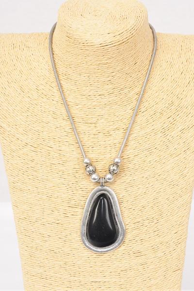 Necklace Thick Snake Chain Pear Shape Semiprecious Stone Pendant / PC Pendant Size - 2.5" x 1.75 Wide , 18" w Extension Chain , Hang Tag & OPP Bag & UPC Code , Choose Colors 