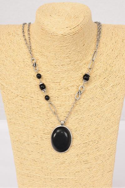 Necklace Fancy Chain Semiprecious Stone Pendant / 12 pcs = Dozen Pendant Size - 1.75" x 1.25" Wide , 30" Long , Display Card & OPP Bag & UPC Code , Choose Colors