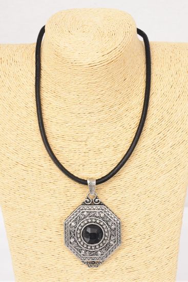 Necklace Thick Black Leather Cord W Semiprecious Stone Pendant Black / PC Black , Pendant Size - 3" x 2" Wide , 20" Long Extension Chain , Display Card & OPP bag & UPC Code