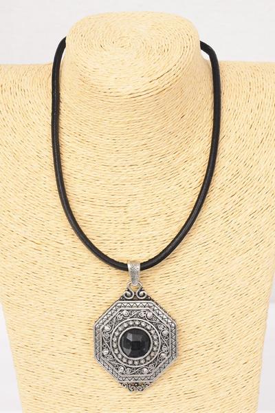 Necklace Thick Black Leather Cord W Semiprecious Stone Pendant / PC Pendant Size - 3" x 2" Wide , 20" w Extension Chain , Display Card & OPP Bag & UPC Code , Choose Colors 