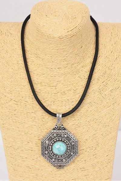 Necklace Thick Black Leather Cord W Semiprecious Stone Pendant / PC Pendant Size - 3" x 2" Wide , 20" w Extension Chain , Display Card & OPP Bag & UPC Code , Choose Colors 