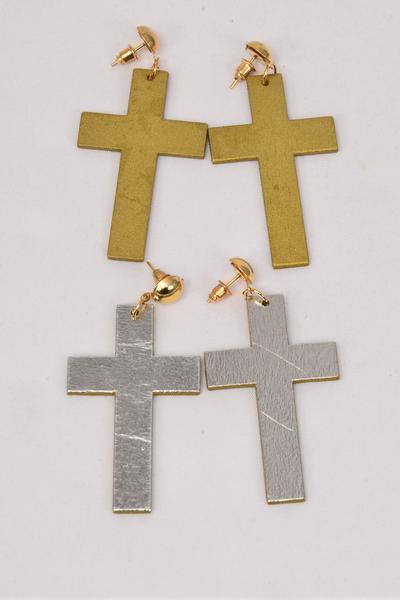 Earrings Wood Cross Metallic Gold Silver Mix Post / 12 pair = Dozen Post , Size - 2" x 1.25" Wide , 6 Gold , 6 Silver Color Asst , Earring Card & OPP Bag & UPC Code 