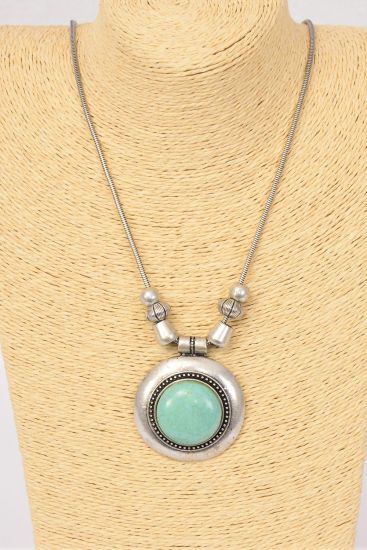 Necklace Antique Snake Chain Real Semiprecious Stone Pendant Blue / PC Blue Turquoise , 18" Long Extension Chain , Pendant Size - 2" Wide , Hang Tag & Opp Bag & UPC Code