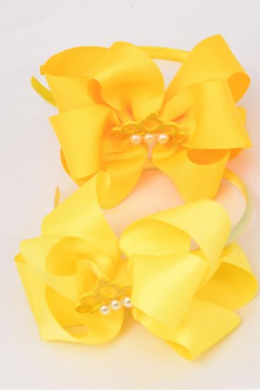 Headband Horseshoe Tiara Pearl Double Layered Grosgrain Bow-tie Yellow Mix / 12 pcs = Dozen Bow Size - 6" x 5" Wide , 6 Baby Yellow , 6 Daffodil Color Asst , Display Card & UPC Code , Clear Box