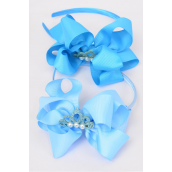 Headband Horseshoe Tiara Double Layered Grosgrain Bow-tie Blue Mix/DZ **Blue Mix** Bow Size-6"x 6" Wide,6 Baby Blue,6 Turquoise Color Asst,Display Card & UPC Code,Clear Box