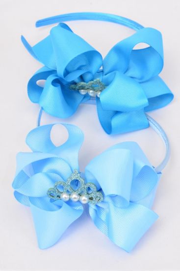 Headband Horseshoe Tiara Double Layered Grosgrain Bow-tie Blue Mix / 12 pcs = Dozen Blue Mix , Bow Size - 6" x 5" Wide , 6 Baby Blue , 6 Turquoise Color Asst , Display Card & UPC Code,Clear Box