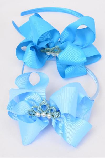 Headband Horseshoe Tiara Double Layered Grosgrain Bow-tie Blue Mix / 12 pcs = Dozen Blue Mix , Bow Size- 6"x 5" Wide , 6 Baby Blue , 6 Turquoise Color Asst , Display Card & UPC Code,Clear Box