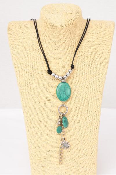Necklace Black Leather Cord Semiprecious Stone Pendant / PC Green Turquoise , 30" Long w extension chain , Hang tag & Opp Bag & UPC Code