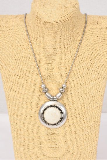 Necklace Antique Snake Chain Real Semiprecious Stone Pendant Ivory / PC Ivory , 18" Long Extension Chain , Pendant Size - 2" Wide , Hangtag & Opp Bag & UPC Code