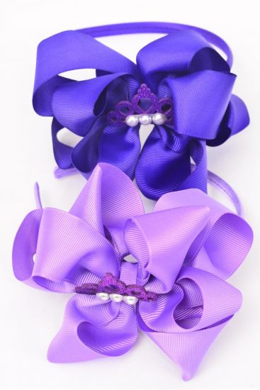 Headband Horseshoe Tiara Double Layered Grosgrain Bow-tie Purple Mix / 12 pcs = Dozen Bow Size - 6" x 5" Wide , 6 Lavender , 6 Purple Color Asst , Display Card & UPC Code , Clear Box