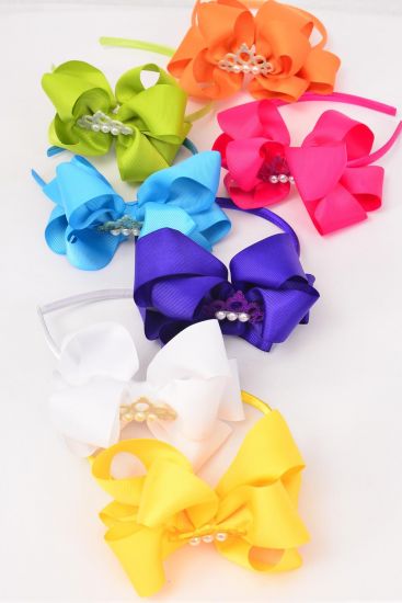 Headband Horseshoe Jumbo Tiara Pearl Double Layered Grosgrain Bow-tie Citrus / dozen Bow Size - 6" x 5" , 2 White , 2 Fuchsia , 2 Purple , 2 Blue , 2 Yellow , 1 Lime , 1 Orange Color Asst , Hang Tag & UPC Code , W Clear Box