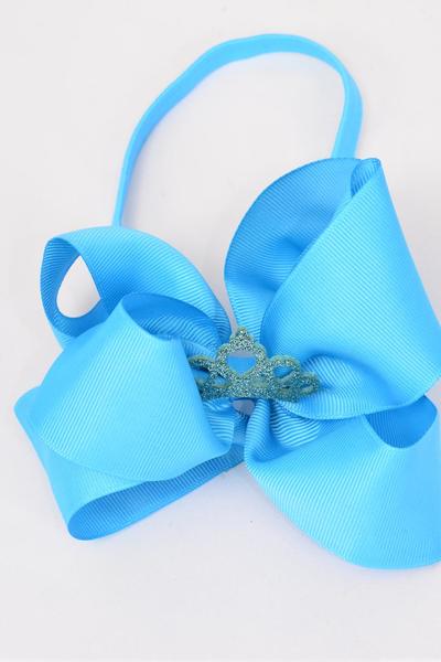 Elastic Headband Jumbo Tiara Double Layer Bow Turquoise Grosgrain Bow-tie / 12 pcs Bow = Dozen   Size-6"x 6" Wide , Hang Tag & UPC Code , Clear Box