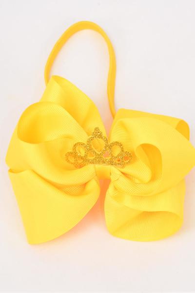 Elastic Headband Tiara Double Layered Grosgrain Bow-tie Daffodil / 12 pcs = Dozen Daffodil Yellow , Size - 6" x 5" Wide , Hang Tag & UPC Code , Clear Box