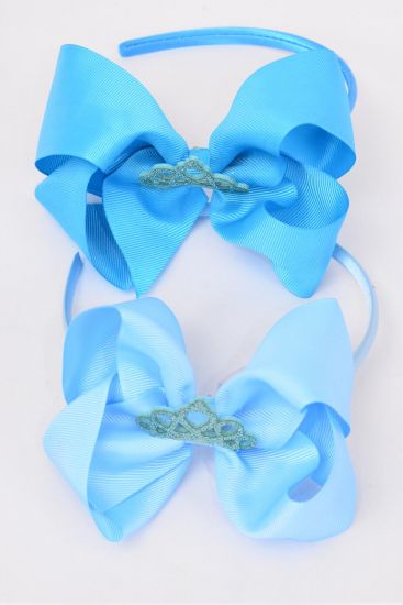 Headband Horseshoe Tiara Double Layered Grosgrain Bow-tie Blue Mix / 12 pcs = Dozen Bow Size-6"x 5" Wide , 6 Sky Blue , 6 Turquoise Color Asst , Display Card & UPC Code , Clear Box