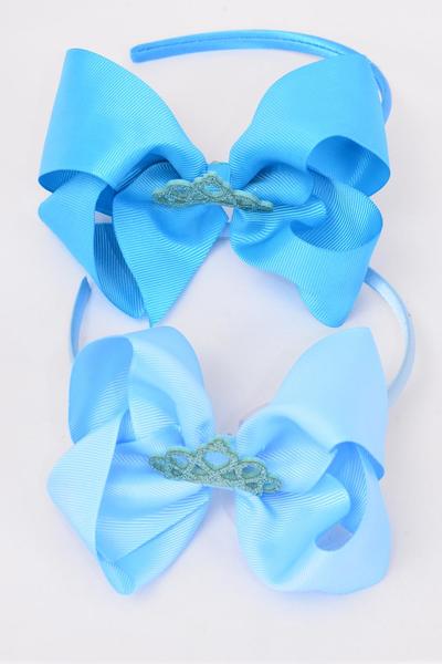 Headband Horseshoe Tiara Double Layered Grosgrain Bow-tie Blue Mix / 12 pcs = Dozen Bow Size-6"x 5" Wide , 6 Sky Blue , 6 Turquoise Color Asst , Display Card & UPC Code , Clear Box