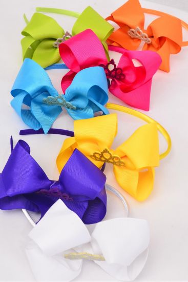 Headband Horseshoe Jumbo Tiara Grosgrain Bow-tie Citrus / 12 pcs = Dozen Bow Size - 6" x 5", 2 White , 2 Fuchsia , 2 Purple , 2 Blue , 2 Yellow , 1 Lime , 1 Orange Color Asst , Hang Tag & UPC Code , W Clear Box