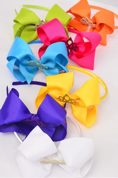Headband Horseshoe Jumbo Tiara Grosgrain Bow-tie Citrus / 12 pcs = Dozen Bow Size - 6" x 5", 2 White , 2 Fuchsia , 2 Purple , 2 Blue , 2 Yellow , 1 Lime , 1 Orange Color Asst , Hang Tag & UPC Code , W Clear Box