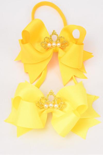 Elastic Headband Tiara Double Layered Grosgrain Bow-tie Yellow Mix / 12 pcs = Dozen Bow Size-6"x 5" Wide , 6 Baby Yellow , 6 Daffodil Color Asst , Hang Tag & UPC Code , Clear Box