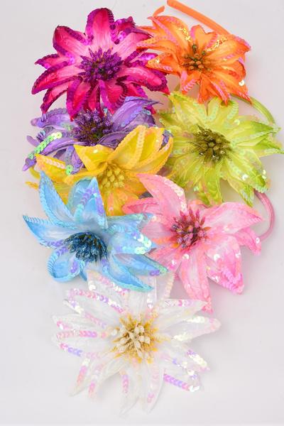 Headband Horseshoe Large Sequin Flower / 12 pcs = Dozen Flower - 5" Wide , 2 Pink , 2 Blue , 2 Lavender , 2 Fuchsia ,1 Orange, 1 Lime ,1 Yellow ,1 White Color Asst , Hang tag & UPC code,W Clear Box