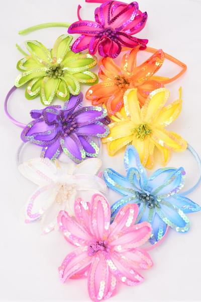 Headband Horseshoe Sequin Daisy Flower Pastel /  12 pcs  = Dozen Flower Size - 5" Wide , 2 Pink , 2 Blue , 2 Lavender , Fuchsia , 1 Orange, 1 Lime , 1 Yellow , 1 White Color Asst , Hang tag & UPC Code , Clear Box