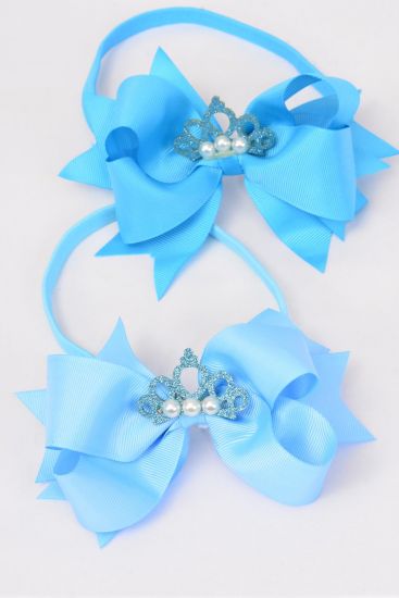 Elastic Headband Tiara Double Layered Grosgrain Bow-tie Blue Mix / 12 pcs = Dozen Bow Size- 6" x 5" Wide , 6 Sky Blue , 6 Turquoise Color Asst , Hang Tag & UPC Code , Clear Box