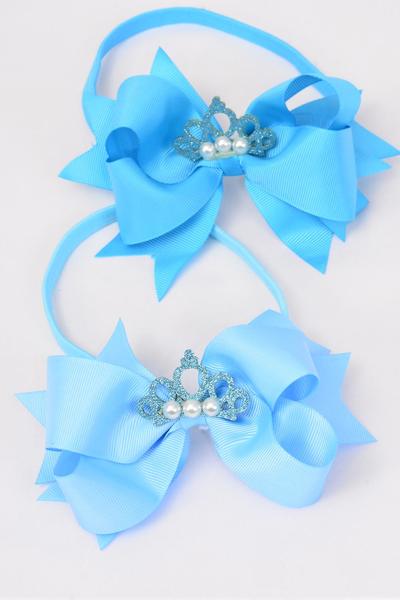 Elastic Headband Tiara Double Layered Grosgrain Bow-tie Blue Mix / 12 pcs = Dozen Bow Size- 6" x 5" Wide , 6 Sky Blue , 6 Turquoise Color Asst , Hang Tag & UPC Code , Clear Box