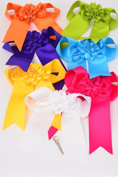 Hair Bow Jumbo Long Tail Center Large Flower Grosgrain Bow-tie / 12 pcs Bow = Dozen  Alligator Clip , Size - 6.5" x 6" , 2 White , 2 Hot Pink , 2 Blue , 2 Purple , 2 Yellow , 1 Orange , 1 Lime Color Asst , Clip Strip & UPC Code