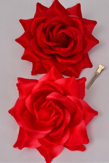 Flower Silk Flower Tea-Rose Jumbo Red Mix / 12 pcs Flower = Dozen Red Mix , Size - 6" Wide , Alligator Clip & Brooch & Elastic Pony , 6 Hot Red , 6 Poppy Red Mix , Hang Tag & UPC Code , W Clear Box