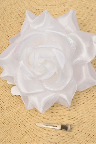 Flower Silk Flower Tea-Rose Glitter Trim White / 12 pcs Flower = Dozen White , Size - 5" Wide , Alligator Clip & Brooch & Elastic Pony , Hang Tag & UPC Code , W Clear Box