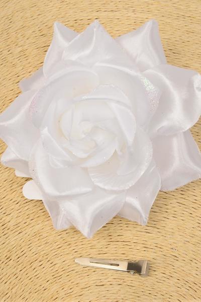 Flower Silk Flower Tea-Rose Glitter Trim White / 12 pcs Flower = Dozen White , Size - 5" Wide , Alligator Clip & Brooch & Elastic Pony , Hang Tag & UPC Code , W Clear Box