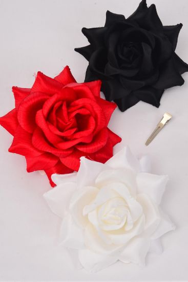 Flower Silk Flower Rose Large Red White Black Mix / 12 pcs Flower = Dozen Size - 5.5" Wide , Elastic Pony & Brooch & Alligator Clip , 4 of each Color Asst , Hang Tag & UPC Code , W Clear Box
