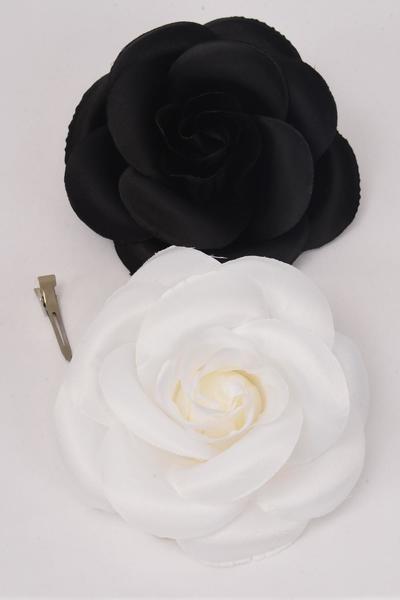 Flower Silk Flower Tea-Rose Jumbo Black White Mix / 12 pcs Flower = Dozen Size - 6" Wide , Alligator Clip & Brooch & Elastic Pony , 6 Black , 6 White Asst , Hang Tag & UPC Code , W Clear Box