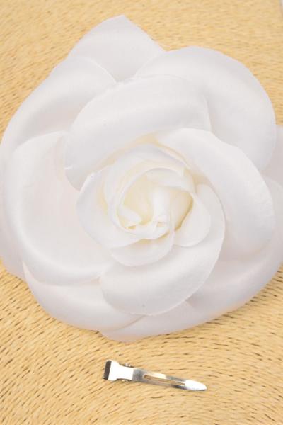 Flower Silk Flower Tea-Rose Jumbo White / 12 pcs Flower = Dozen Size - 6" Wide , Alligator Clip & Brooch & Elastic Pony , Hang Tag & UPC Code , W Clear Box