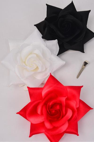 Flower Silk Flower Tea-Rose Large Red White Black Asst / 12 pcs Flower = Dozen Size - 5.5" Wide , Alligator Clip & Brooch & Elastic Pony , 4 Of Each Color Asst , Hang Tag & UPC Code, W Clear Box