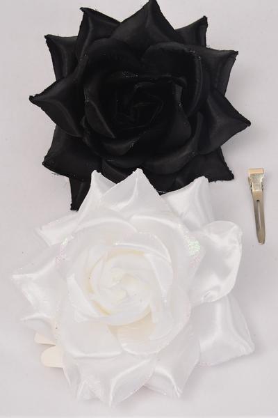 Flower Silk Flower Tea-Rose Glitter Trim Black White Mix / 12 pcs Flower = Dozen Size-5.5" Wide , Alligator Clip & Brooch & Elastic Pony , 6 Black , 6 White Asst , Hang Tag & UPC Code , W Clear Box