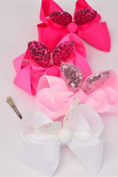 Hair Bow Jumbo Bunny Ear w Sequin Grosgrain Bow-tie Pink Mix / 12 pcs Bow = Dozen Pink Mix - Alligator Clip , Size - 6" x 5" Wide , 3 of Color Asst , Clip Strip & UPC Code