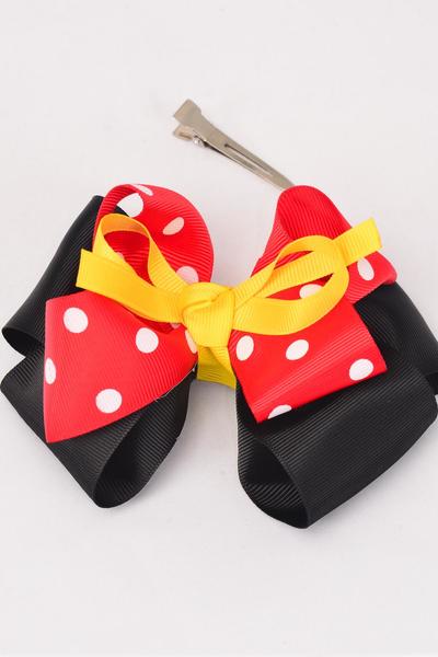 Hair Bow Jumbo Double Layered Polka dots Grosgrain Bow-tie / 12 pcs Bow = Dozen  Alligator Clip , Size-6"x 5" Wide , Clip Strip & UPC Code