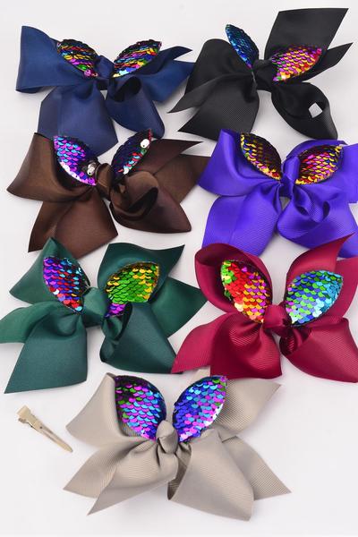 Hair Bow Jumbo Bunny Ear Flip Sequin Grosgrain Bow-tie Dark Multi / 12 pcs Bow = Dozen Alligator Clip , Size - 6" x 5" Wide , 2 Black , 2 Navy , 2 Brown , 2 Burgundy , 2 Purple , 1 Gray , 1 Hunter Green Color Asst , Clip Strip & UPC Code