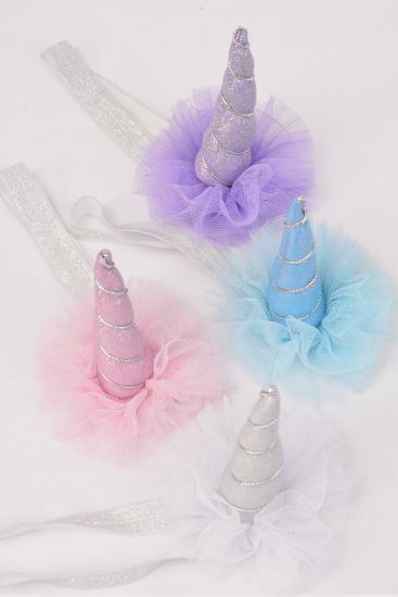 Headband Elastic Metallic Unicorn Pastel / 12 pcs Unicorn Bow = Dozen Unicorn - 4" x 2" , 3 White , 2 Pink , 2 Blue , 2 Lavender , 2 Hot Pink , 2 Multi Asst , Hang Tag & UPC Code