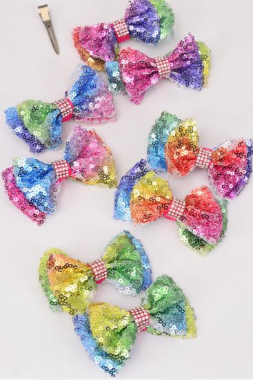 Hair Bows 24 pcs Flip Sequin Rainbow Pastel Bowtie/DZ Alligator Clip ,  Size - 3.5" x 2.5" Wide , 3 of each Color Asst , Clip Strip & UPC Code . 