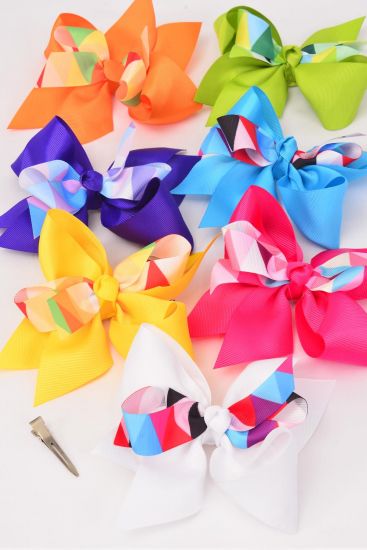 Hair Bow Jumbo Double Layered Geometric or Contemporary Pattern Mix Grosgrain Bow-tie Multi / 12 pcs Bow = Dozen Alligator Clip , Size - 6" x 5" Wide , 2 Fuchsia , 2 Blue , 2 Yellow , 2 Purple , 2 White , 1 Lime , 1 Orange Color Mix , Clip Strip & UPC Code