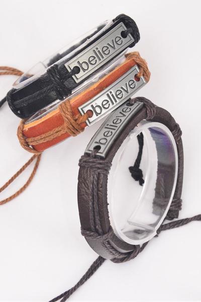 Bracelet Real Leather Band Believe Silver / 12 pcs = Dozen  Believe , Unisex , Adjustable , 4 of each Pattern Mix , Individual Hang tag & OPP Bag & UPC Code