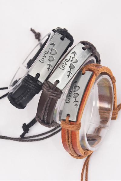 Bracelet Real Leather Band Love Arrow Hearts / 12 pcs = Dozen Unisex , Adjustable , 4 of each Pattern Mix , Individual Hang tag & OPP Bag & UPC Code