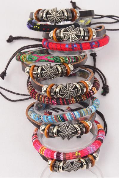 Bracelet Leather Double Strand Celtic Cross & Macrame Aztec Wrap Mix Adjustable / 12 pcs = Dozen Unisex , Adjustable , 2 of each Pattern Mix , Hang tag & OPP Bag & UPC Code