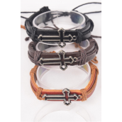Bracelet Real Leather Band Sideways Cross/DZ Unisex, Cross Size-1.5&quot;x 0.75&quot; Wide, 4 Black, 4 Dark Brown, 4 Medium Brown Mix, Hang tag &amp; OPP Bag &amp; UPC Code
